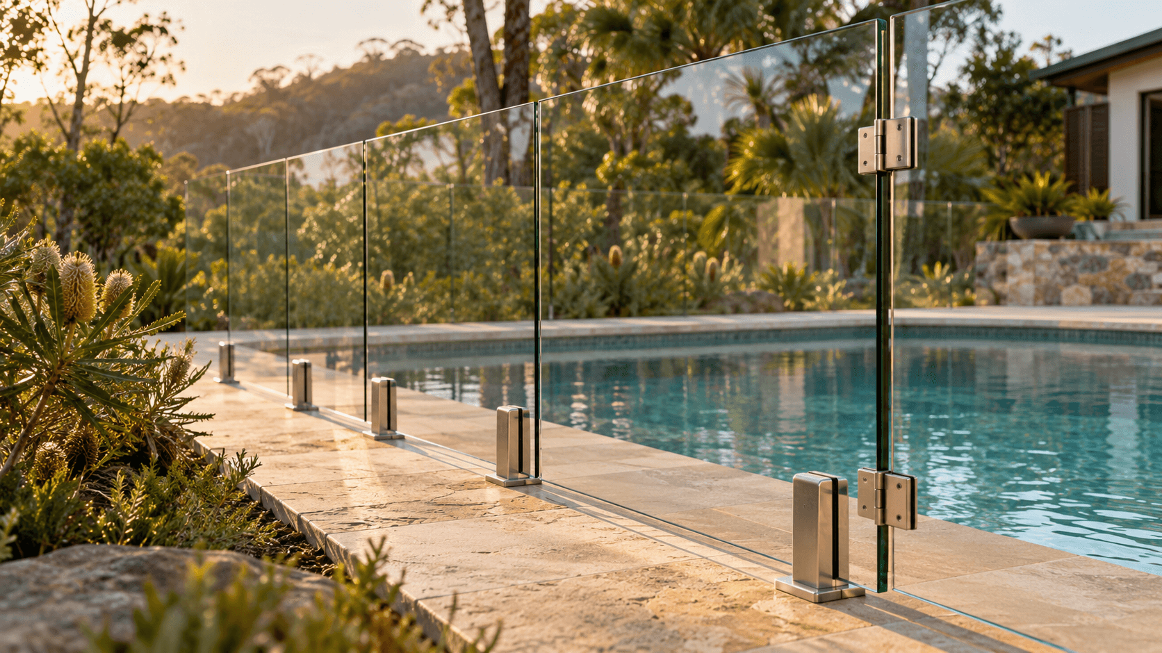 Close view of frameless glass pool fencing with stainless fittings