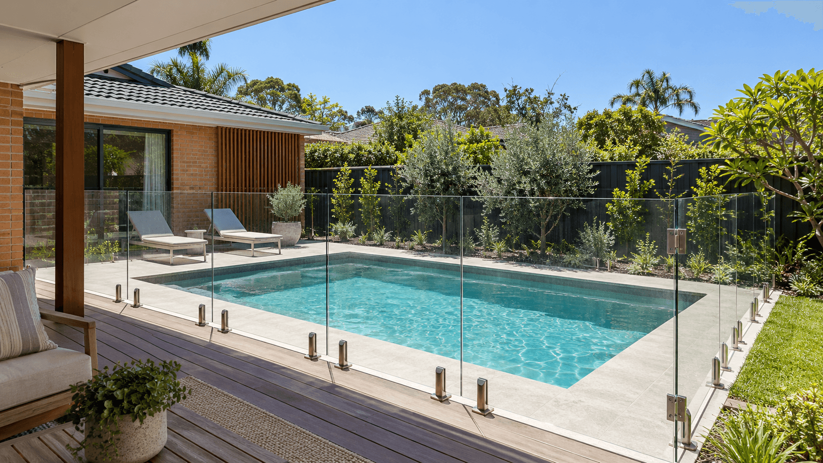 A backyard pool seen from a veranda through glass fencing