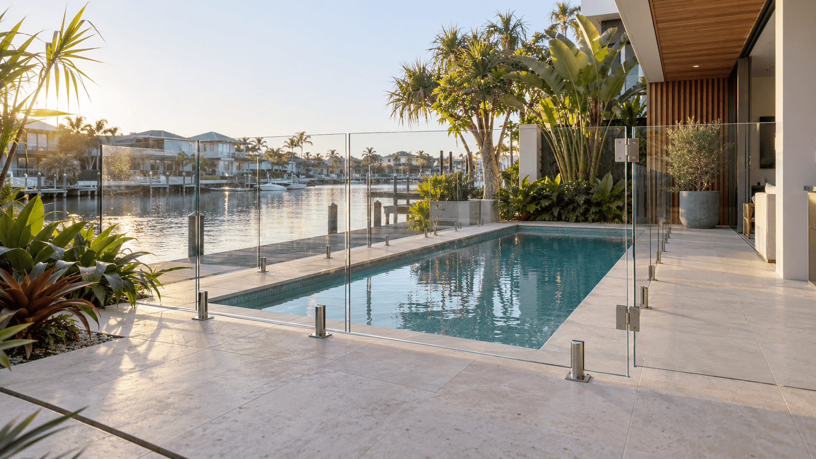 A canal-front pool with glass fencing at sunset