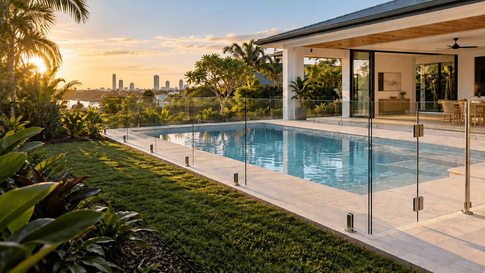 A coastal home with glass pool fencing