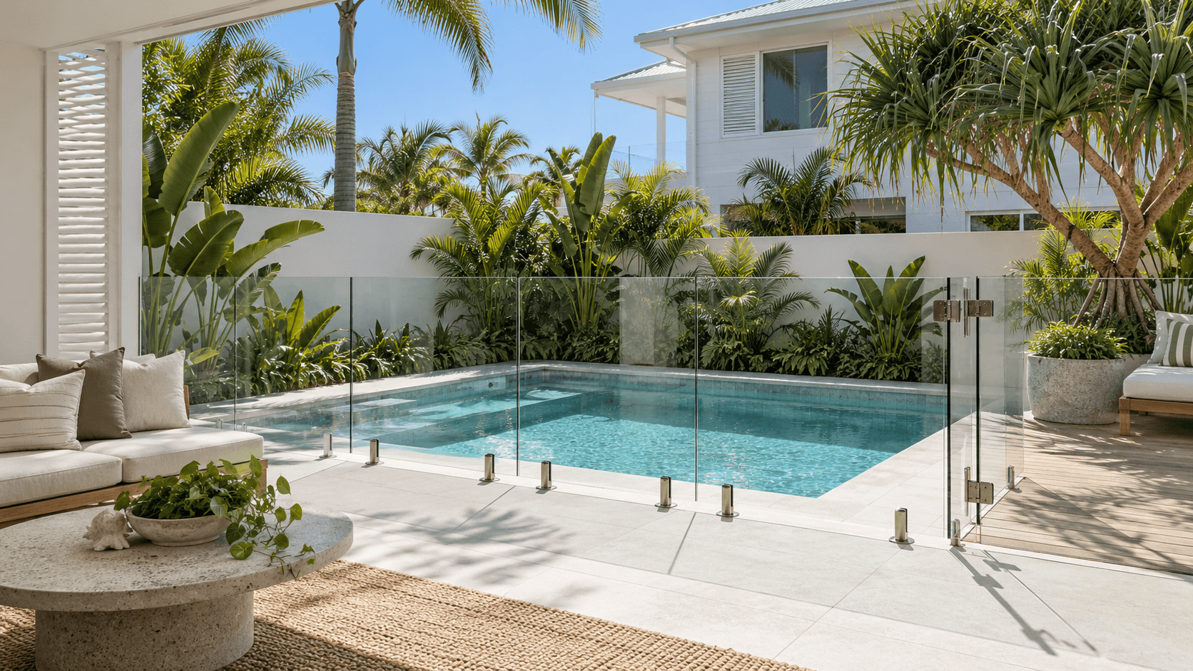 Glass pool fencing around a compact coastal courtyard pool