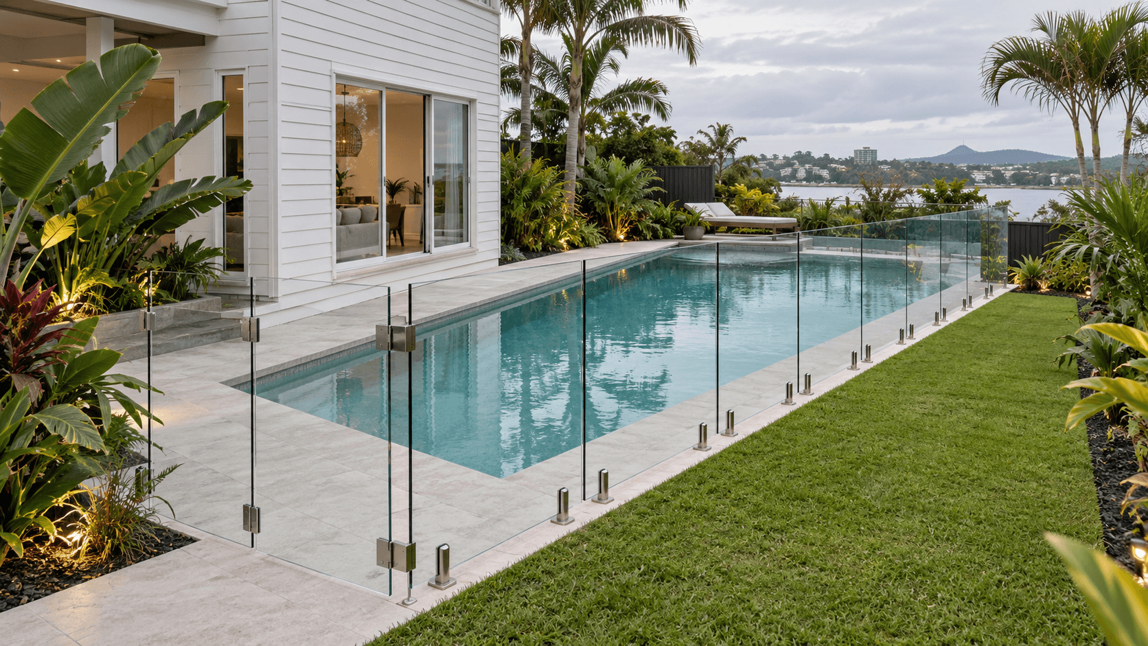 A residential pool terrace enclosed by frameless glass fencing